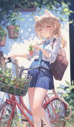 Rule 34 | 1girl, absurdres, animal ear fluff, animal ears, bag, berry, bicycle, bicycle basket, blue necktie, blue skirt, cat ears, cat girl, cat tail, cranberry, extra ears, highres, light brown hair, looking at viewer, medium hair, midori xu, necktie, original, plant, pleated skirt, potted plant, red eyes, shirt, skirt, sleeves past elbows, tail, white shirt