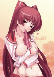 Rule 34 | 00s, 1girl, blush, breast hold, breasts, brown eyes, kei jiei, kousaka tamaki, large breasts, long hair, long sleeves, midriff, mouth hold, naughty face, nipples, open clothes, open shirt, red hair, school uniform, serafuku, shirt, solo, to heart (series), to heart 2, undressing