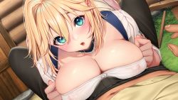 Rule 34 | 1girl, blonde hair, blue eyes, blush, breasts, breasts squeezed together, bulge, choker, cleavage, covered erect nipples, dorei himekishi to dorei jijo to no slow life, eleanor (dorei himekishi to dorei jijo to no slow life), erection, erection under clothes, game cg, hair between eyes, highres, indoors, kneeling, large breasts, looking at viewer, lying, masami chie, medium hair, original, parted lips, pov, see-through