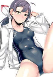 Rule 34 | 1girl, ahoge, asymmetrical bangs, breasts, chirashi (so), commentary request, competition swimsuit, cowboy shot, fujinami (kancolle), grey hair, hair ribbon, jacket, kantai collection, long hair, looking at viewer, one-piece swimsuit, open clothes, open jacket, ribbon, side ponytail, simple background, sitting, small breasts, solo, spread legs, swimsuit, white background, white jacket, white ribbon, yellow eyes