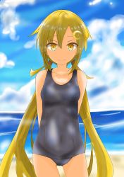 Rule 34 | 1girl, arms behind back, beach, blonde hair, blue sky, blue one-piece swimsuit, breasts, cameltoe, cloud, collarbone, covered navel, cowboy shot, crescent, crescent hair ornament, day, etsuransha no rei, gluteal fold, hair between eyes, hair ornament, highres, kantai collection, long hair, looking at viewer, low twintails, lying, ocean, old school swimsuit, one-piece swimsuit, outdoors, sand, satsuki (kancolle), school swimsuit, sky, small breasts, solo, swimsuit, tan, tanline, thighs, twintails
