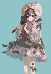 Rule 34 | 1girl, absurdres, blood, blood on clothes, blood on face, bloody knife, bonnet, dress, flower, frilled dress, frills, grey dress, grey hair, highres, holding, holding knife, knife, lolita fashion, long sleeves, looking at viewer, maple (abc2215), original, ribbon, rose, short hair, simple background, solo, standing, white headwear