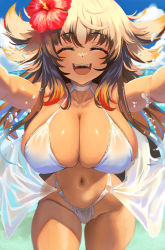 Rule 34 | 1girl, ^ ^, absurdres, animal ears, b-pang, bikini, breasts, brown hair, closed eyes, dark-skinned female, dark skin, dog ears, facing viewer, flower, hair flaps, hair flower, hair ornament, hibiscus, highres, huge breasts, kaori (princess connect!), long hair, navel, open mouth, outstretched arms, princess connect!, solo, swimsuit, white bikini