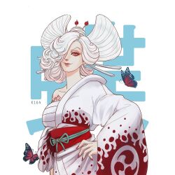 Rule 34 | 1girl, bandaged chest, bug, butterfly, cho (one piece), commentary, english commentary, hair ornament, hair over one eye, hand on own hip, insect, japanese clothes, k164, kimono, looking at viewer, obi, one piece, red eyes, red kimono, red nails, red sash, sash, smile, solo, upper body, v-shaped eyebrows, white hair, white kimono