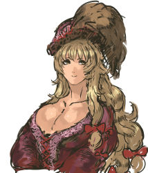 Rule 34 | 1girl, blonde hair, bow, breasts, cleavage, corset, formal, hair bow, hat, highres, lace-up, large breasts, nameo (judgemasterkou), poorly drawn, portrait, red bow, smile, solo, touhou, upper body, yakumo yukari, yellow eyes