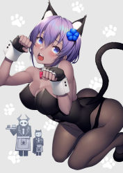 Rule 34 | 1girl, 2boys, animal ears, apron, banned artist, bare arms, bare shoulders, black pantyhose, blush, bodysuit, breasts, cat ears, cat tail, cleavage, dark-skinned female, dark skin, fake animal ears, fake tail, fate/grand order, fate (series), flower, formal, gloves, hair flower, hair ornament, hassan of serenity (fate), hassan of the cursed arm (fate), king hassan (fate), kittysuit, kyoeiki, leotard, looking at viewer, multiple boys, nontraditional playboy bunny, open mouth, pantyhose, playboy bunny, purple eyes, purple hair, ribbon, short hair, squatting, suit, tail, thighhighs, wrist cuffs