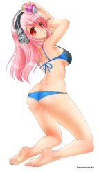Rule 34 | 1girl, :o, absurdres, arms up, ass, barefoot, bikini, blue bikini, blush, breasts, butt crack, can, character name, feet, full body, headphones, highres, large breasts, long hair, looking at viewer, looking back, nail polish, nitroplus, open mouth, pink hair, racoon-kun, red eyes, shiny skin, skindentation, solo, strap gap, super sonico, swimsuit, toenail polish, toenails, transparent background