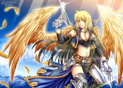 Rule 34 | 1girl, absurdres, armor, asymmetrical clothes, belt, blonde hair, blue eyes, breasts, cleavage, cloud, day, dual wielding, feathers, gloves, gradient hair, gun, handgun, highres, holding, large breasts, midriff, mountain, multicolored hair, navel, pistol, revolver, single pantsleg, sky, solo, songwut ouppakarndee, weapon, wings