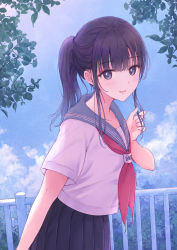 Rule 34 | 1girl, arm at side, arm up, black hair, blue sailor collar, blue skirt, blue sky, blunt bangs, branch, cloud, commentary request, cowboy shot, day, dutch angle, highres, holding, holding own hair, leaning forward, light smile, looking at viewer, nagidango, neckerchief, original, outdoors, pleated skirt, ponytail, purple eyes, railing, red neckerchief, sailor collar, school uniform, serafuku, shirt, short sleeves, skirt, sky, solo, standing, white shirt
