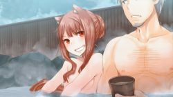 Rule 34 | 1boy, 1girl, alternate language, animal ears, ayakura juu, beard, breasts, brown hair, collarbone, craft lawrence, cup, day, facial hair, grin, hair bun, highres, holding, holding cup, holo, mixed-sex bathing, novel illustration, nude, official art, onsen, outdoors, parted lips, red eyes, shared bathing, sideboob, sidelocks, silver hair, single hair bun, slit pupils, small breasts, smile, spice and wolf, steam, tail, third-party source, upper body, wolf ears, wolf tail