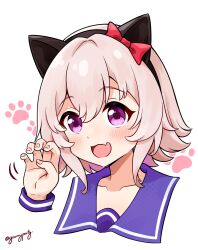Rule 34 | 1girl, :d, animal ears, black hairband, blush, bow, brown hair, cat day, cat ears, claw pose, collarbone, commentary request, curren chan (umamusume), ear bow, fang, goom (goomyparty), hair between eyes, hairband, hand up, highres, kemonomimi mode, open mouth, pink nails, purple eyes, red bow, simple background, smile, solo, twitter username, umamusume, white background