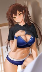 Rule 34 | 1girl, absurdres, bad id, bad twitter id, black shirt, blue nails, blue shorts, blue sports bra, blush, breasts, brown hair, cleavage, closed mouth, clothes lift, commentary, green eyes, highres, large breasts, long hair, looking at viewer, mole, mole under eye, myabit, nail polish, navel, original, shirt, shirt lift, short shorts, short sleeves, shorts, solo, sports bra, stomach, symbol-only commentary, twintails