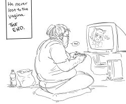 Rule 34 | 1boy, bb (baalbuddy), bottle, butt crack, chips, chips (food), cola, controller, english text, food, game console, glasses, greyscale, heart, highres, holding, holding controller, male focus, monochrome, original, otaku, pillow, playing games, ponytail, potato chips, romaji text, round eyewear, simple background, sitting, solo, television, the end (phrase), white background, xbox 360