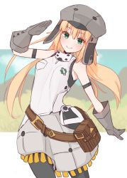 Rule 34 | 1girl, artoria caster (fate), artoria caster (first ascension) (fate), artoria pendragon (fate), bare shoulders, belt, black pantyhose, blonde hair, blush, breasts, closed mouth, fate/grand order, fate (series), gloves, green eyes, grey gloves, grey hat, hat, kopaka (karda nui), long hair, looking at viewer, pantyhose, pouch, sleeveless, smile, twintails