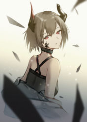 Rule 34 | 1girl, arknights, bare shoulders, black choker, choker, female focus, from behind, gradient background, grey background, grey hair, head tilt, highres, horns, lodbyy, looking at viewer, looking back, material growth, oripathy lesion (arknights), parted lips, red eyes, short hair, solo, upper body, vulcan (arknights)