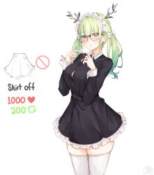 Rule 34 | 1girl, absurdres, alternate costume, antlers, arms behind head, black-framed eyewear, black skirt, blush, breasts, ceres fauna, commentary, english commentary, frilled skirt, frills, glasses, green hair, highres, hololive, hololive english, horns, index fingers together, large breasts, like and retweet, long hair, looking at viewer, ma draws, maid, maid headdress, meme, mole, mole under eye, simple background, skirt, solo, thighhighs, twitter strip game (meme), undressing, virtual youtuber, white background, white thighhighs, yellow eyes