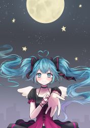 Rule 34 | 1/6 -out of the gravity- (vocaloid), 1girl, absurdres, ahoge, arm ribbon, blue eyes, blue hair, blush, bow, city, cross-laced clothes, cross-laced dress, floating hair, foreshortening, full moon, hair bow, hair ornament, halterneck, hand on own chest, hatsune miku, heart, heart ahoge, highres, long hair, looking at viewer, moon, nagitofuu, night, night sky, puffy short sleeves, puffy sleeves, reaching, reaching towards viewer, ribbon, short sleeves, sky, smile, solo, star (sky), starry sky, twintails, very long hair, vocaloid, wings