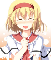 Rule 34 | 1girl, ^ ^, alice margatroid, arm up, blonde hair, blush, capelet, clenched hand, closed eyes, closed eyes, hairband, kinagi yuu, multicolored background, open mouth, red hairband, short hair, smile, solo, touhou, upper body