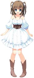Rule 34 | 1girl, :d, bare shoulders, berry&#039;s, blue eyes, blush, boots, bow, brown hair, cowboy boots, dress, frilled dress, frills, full body, game cg, highres, houkou yuuka, looking at viewer, open mouth, sakura koharu, short hair, simple background, smile, solo, standing, transparent background, two side up