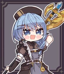 Rule 34 | 1girl, :o, apron, bardiche (weapon), black dress, blue eyes, blue hair, blush stickers, braid, chibi, commentary, dress, elbow gloves, english commentary, fingerless gloves, gloves, grey apron, hair over shoulder, hat, highres, holding, holding weapon, hololive, hoshimachi suisei, hoshimachi suisei (maid), kukie-nyan, long hair, looking at viewer, maid, nurse cap, official alternate costume, official alternate hairstyle, open mouth, polearm, see-through, see-through sleeves, side braid, single braid, smile, solo, star (symbol), star in eye, symbol in eye, virtual youtuber, weapon