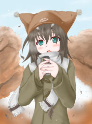 Rule 34 | 1girl, :d, aqua eyes, black hair, can, canned coffee, coat, drink can, fang, hat, highres, holding, kazenonegura, leaf, long hair, looking at viewer, open mouth, original, scarf, smile, solo, tree, wind