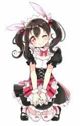 Rule 34 | 1girl, apron, black hair, blush, breasts, female focus, full body, hair ornament, headdress, highres, kneeling, light background, love live!, love live! school idol project, maid, maid headdress, neck ribbon, one eye closed, red eyes, ribbon, shoes, simple background, skirt, small breasts, smile, socks, solo, thighhighs, twintails, white background, white socks, yazawa nico