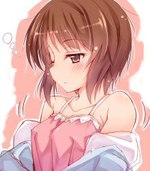 Rule 34 | 10s, 1girl, bare shoulders, blush, breasts, brown eyes, brown hair, camisole, covered erect nipples, girls und panzer, highres, narumiya (empty cafe), nishizumi miho, off shoulder, short hair, sleepy, small breasts, solo, upper body