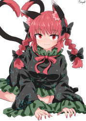 Rule 34 | 1girl, :3, animal ear fluff, animal ears, artist name, black bow, bow, braid, cat ears, cat tail, chups, dress, extra ears, floral print, green dress, heart, highres, kaenbyou rin, multiple tails, nail polish, pointy ears, red eyes, red hair, red nails, slit pupils, smile, solo, tail, touhou, twin braids, two tails, white background