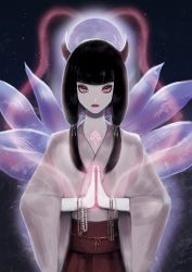 Rule 34 | 1girl, bad id, bad twitter id, beads, black hair, blunt bangs, character request, closed mouth, colored skin, commentary request, copyright request, expressionless, full moon, highres, horns, japanese clothes, kimono, kuromitsu, long sleeves, looking at viewer, low twintails, moon, multiple tails, night, night sky, pink eyes, pink lips, red sash, red skirt, sash, skirt, sky, solo, star (sky), starry sky, tail, twintails, white kimono, white skin, wide sleeves