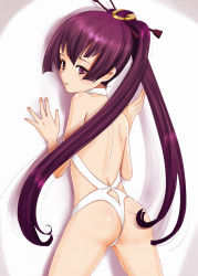 Rule 34 | 1girl, against wall, ar tonelico, ar tonelico iii, ass, bikini, blush, finnel (ar tonelico), hair ornament, inumori sayaka, long hair, looking at viewer, open mouth, purple eyes, purple hair, simple background, solo, swimsuit, thong bikini, twintails, white background