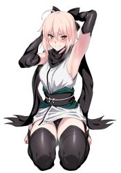 Rule 34 | &gt;:(, 1girl, ahoge, arm up, armpits, bad id, bad twitter id, barefoot, black gloves, black thighhighs, blush, bow, breasts, elbow gloves, fate/grand order, fate (series), frown, full body, gloves, hair between eyes, hair bow, japanese clothes, kimono, kneeling, koha-ace, medium breasts, obi, okita souji (fate), okita souji (koha-ace), pink hair, sash, scarf, short kimono, simple background, sleeveless, sleeveless kimono, solo, sweat, tears, thighhighs, toeless legwear, toes, ulrich (tagaragakuin), v-shaped eyebrows, white background