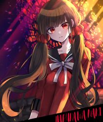 Rule 34 | 1girl, black sailor collar, black thighhighs, bow, brown hair, character name, closed mouth, danganronpa (series), danganronpa v3: killing harmony, hair ornament, hair scrunchie, harukawa maki, highres, knees up, long hair, long sleeves, low twintails, mikao (eanv5385), mole, mole under eye, multicolored background, red eyes, red scrunchie, red shirt, sailor collar, scrunchie, shirt, smile, solo, thighhighs, twintails, white bow