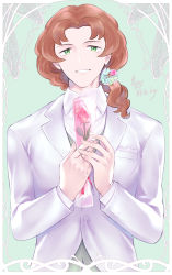 Rule 34 | 1boy, absurdres, alternate costume, border, brown hair, burgh (pokemon), buttons, collared shirt, commentary request, creatures (company), flower, game freak, green background, green eyes, green vest, hair ornament, happy white day, highres, holding, holding flower, jacket, long hair, long sleeves, looking at viewer, male focus, nintendo, own hands together, parted bangs, parted lips, pink flower, pokemon, pokemon bw, shirt, smile, solo, tudurimike, vest, white border, white day, white jacket, white shirt