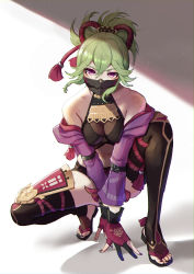 Rule 34 | 1girl, absurdres, arm belt, arm support, armor, bare shoulders, belt, black gloves, black legwear, black mask, breasts, covered mouth, crop top, detached pants, fingerless gloves, fishnets, full body, genshin impact, gloves, gorget, green hair, hair between eyes, hair ornament, hands on floor, highres, jacket, japanese armor, knee up, kuki shinobu, layered gloves, light particles, long sleeves, looking at viewer, mask, midriff, mouth mask, nail polish, navel, ninja mask, off shoulder, partially fingerless gloves, ponytail, purple eyes, purple jacket, purple nails, red gloves, sandals, shade, shorts, sidelocks, solo, squatting, sukoyaka93, tassel, thighs, toeless footwear, v arms, white background, zouri