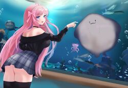 Rule 34 | 1girl, animal, ass, axolotl, bare shoulders, black sweater, black thighhighs, blue eyes, blush, bow, braid, clueless, cowboy shot, estebaneishon1, female focus, fish, from behind, from side, grey skirt, hair bow, happy, humanization, indie virtual youtuber, leaning forward, long hair, long sleeves, looking at viewer, looking back, miniskirt, off-shoulder sweater, off shoulder, open mouth, pink bow, pink hair, pointing, pointing forward, pov, shark, single braid, skirt, smile, solo, standing, stingray, sweater, thick thighs, thighhighs, thighs, virtual youtuber, wupa lupah