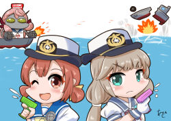 Rule 34 | 2girls, akashi (kancolle), akashieru, artist logo, blue sailor collar, brown eyes, brown hair, commentary request, explosion, female service cap, gloves, green eyes, grey hair, hair rings, kaiboukan no. 4 (kancolle), kantai collection, long hair, mechanization, mikura (kancolle), multiple girls, one-hour drawing challenge, robot, sailor collar, school uniform, serafuku, ship, shirt, short sleeves, twintails, upper body, water, water gun, watercraft, white gloves, white shirt