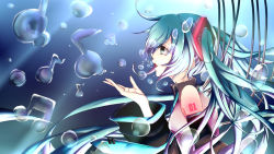 Rule 34 | 1girl, beamed quavers, bubble, cable, detached sleeves, green eyes, green hair, hatsune miku, highres, long hair, matching hair/eyes, musical note, necktie, noda maika, open mouth, quaver, solo, tattoo, twintails, very long hair, vocaloid