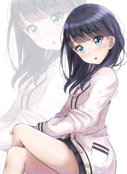 Rule 34 | 10s, 1girl, black hair, black skirt, blue eyes, blush, cardigan, commentary request, crossed legs, gridman universe, head tilt, highres, long hair, long sleeves, looking at viewer, parted lips, pleated skirt, sin (sin52y), skirt, solo, ssss.gridman, takarada rikka, white background, white cardigan, zoom layer