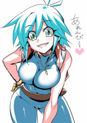 Rule 34 | 1girl, allenby beardsley, blue bodysuit, blue hair, blush, bodysuit, breasts, cameltoe, g gundam, gloves, green eyes, gundam, hand on own hip, jewelry, large breasts, looking at viewer, necklace, open mouth, short hair, skin tight, smile, solo, tukiwani