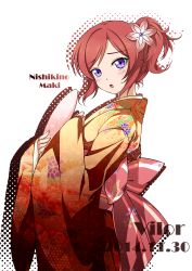 Rule 34 | 10s, 1girl, 2014, alternate costume, alternate hairstyle, artist name, bad id, bad pixiv id, character name, dated, japanese clothes, looking at viewer, love live!, love live! school idol festival, love live! school idol project, nishikino maki, ponytail, purple eyes, red hair, revision, short hair, simple background, solo, vilor, white background, wide sleeves