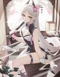 Rule 34 | 1girl, arknights, arm at side, bare shoulders, bird girl, black dress, blush, cleavage cutout, clothing cutout, darling0221, dress, feet out of frame, from side, grey eyes, grey hair, hair bun, hand fan, head wings, highres, holding, holding fan, indoors, irene (arknights), long hair, looking at viewer, pink tassel, short bangs, sitting, skindentation, sleeveless, sleeveless dress, solo, thigh strap, white wrist cuffs, window, wings, wrist cuffs