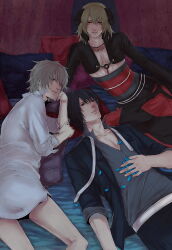 Rule 34 | 3boys, akira (togainu no chi), arm support, bishounen, black eyes, black hair, blue petals, bottomless, collared shirt, company connection, covered navel, cropped jacket, crossover, demon horns, expressionless, grey eyes, grey hair, hair between eyes, half-closed eyes, highres, horns, jacket, kmdzm, konoe (lamento), lamento, light brown hair, looking at viewer, lying, male focus, multiple boys, nitro+ chiral, on back, on bed, on side, open clothes, open jacket, pillow, red eyes, sakiyama youji, shirt, short hair, smile, sweet pool, togainu no chi, upper body, white shirt