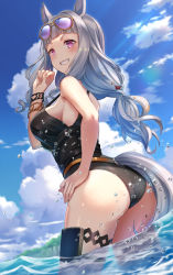 Rule 34 | 1girl, animal ears, ass, bare arms, bare shoulders, black one-piece swimsuit, blunt bangs, bracelet, breasts, day, eyewear on head, from behind, gold ship (run revolt launcher) (umamusume), gold ship (umamusume), grey hair, grin, hand on own hip, hand up, highres, horse ears, horse girl, horse tail, jewelry, large breasts, long hair, looking at viewer, looking back, low-tied long hair, official alternate costume, one-piece swimsuit, outdoors, pink eyes, smile, solo, standing, strap gap, sunglasses, sunlight, swimsuit, tail, thigh strap, umamusume, wading, water, yu ni t