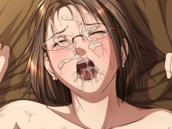 Rule 34 | 1girl, bed, bed sheet, blush, brown hair, bukkake, close-up, collarbone, crying, cum, cum in mouth, cum on eyewear, earrings, closed eyes, facial, glasses, indoors, jewelry, negurie, open mouth, sheet grab, short hair, solo, sweat, tears, tongue, upper body