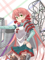 Rule 34 | &gt;:), 10s, 1girl, akashi (kancolle), armor, black thighhighs, cowboy shot, green hair, green skirt, hand on own hip, highres, hip vent, japanese armor, kantai collection, karaage (ta-na), long hair, looking at viewer, pink hair, pleated skirt, ribbon-trimmed legwear, ribbon trim, short twintails, shoulder pads, sidelocks, skirt, smile, solo, standing, thighhighs, twintails, v-shaped eyebrows, very long hair, zettai ryouiki