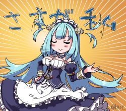 Rule 34 | 1girl, :&gt;, azur lane, blue hair, blush, breasts, cleavage, commentary request, detached sleeves, closed eyes, flapping, hand on own hip, long hair, maid headdress, neptune (azur lane), ribbon, solo, tao (kadoya), twitter username