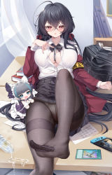 Rule 34 | 2girls, :o, absurdres, ahoge, armband, azur lane, between breasts, black bag, black bow, black bowtie, black hair, black skirt, book, bottle, bow, bowtie, breasts, cheshire (azur lane), chibi, cleavage, collared shirt, crossed bangs, curtains, desk, dress shirt, feet, foot out of frame, glasses, hair between eyes, handheld game console, highres, huge ahoge, indoors, jacket, kanon (sinto), large breasts, leaning back, leg up, long hair, long sleeves, multiple girls, no shoes, official alternate costume, on desk, open clothes, open jacket, panties, panties under pantyhose, pantyhose, paper, partially unbuttoned, pleated skirt, presenting foot, red eyes, red jacket, round eyewear, school uniform, see-through, see-through legwear, shirt, sitting, skirt, spill, taihou (azur lane), taihou (sweet time after school) (azur lane), thighband pantyhose, toes, underwear, water, white shirt, yellow armband