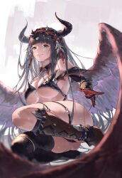 Rule 34 | 1girl, absurdres, aqua eyes, armor, ass, asymmetrical legwear, bikini, bikini armor, black bikini, black hair, black horns, boots, breasts, chain, closed mouth, commentary request, demon girl, demon horns, elbow gloves, feathered wings, gloves, granblue fantasy, highres, horns, large breasts, long hair, looking at viewer, magus (granblue fantasy), mismatched legwear, short bangs, single elbow glove, single thigh boot, smile, solo, sweat, swimsuit, thigh boots, wings, yu pian