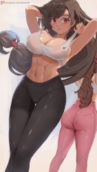 Rule 34 | 2girls, adjusting clothes, aerith gainsborough, armpits, arms behind head, arms up, ass, back, bare legs, bare shoulders, black pants, blush, breasts, brown hair, cleavage, collarbone, final fantasy, final fantasy vii, final fantasy vii remake, high-waist pants, highres, large breasts, long hair, looking at viewer, low-tied long hair, mirai hikari, multiple girls, navel, open mouth, pants, pantylines, patreon, pink pants, ponytail, red eyes, sports bra, square enix, standing, sweat, thighs, tifa lockhart, tight clothes, tight pants, white sports bra, yoga pants