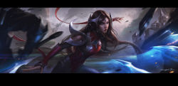Rule 34 | 1girl, armor, artist name, black hair, blade, blue eyes, chengwei pan, fighting stance, hair ornament, highres, irelia, league of legends, long hair, looking at viewer, signature, very long hair, weapon